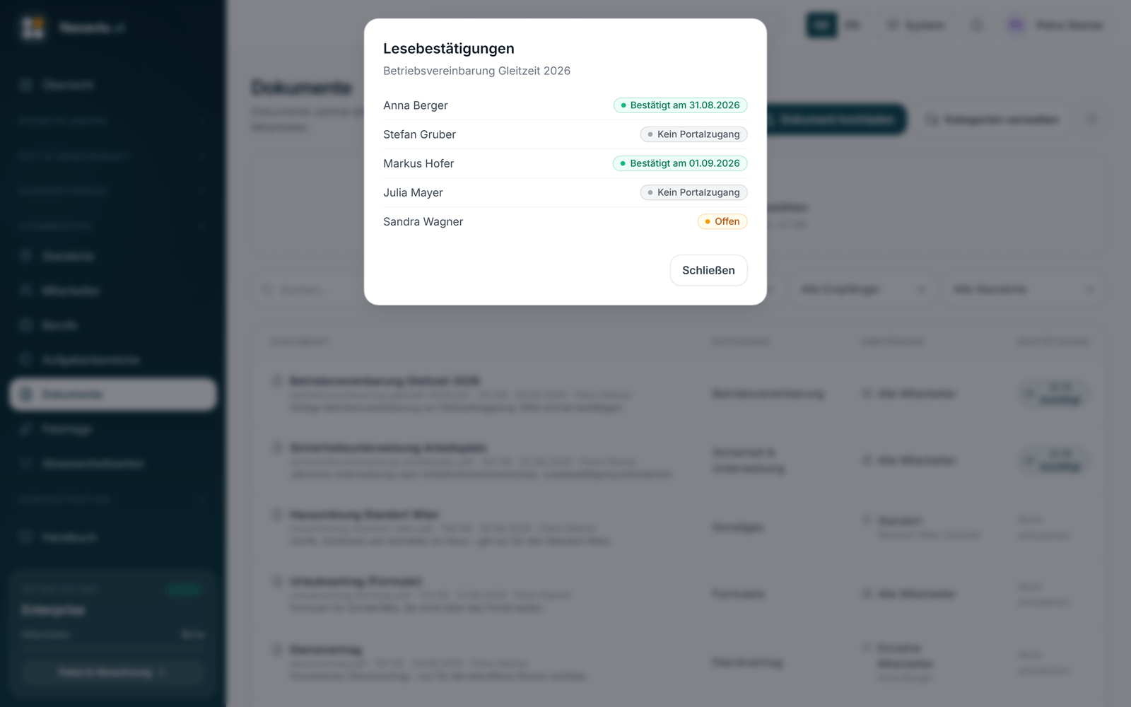 Übersicht der Lesebestätigungen zu einem Dokument in Nexavio: bestätigt, offen und ohne Portalzugang