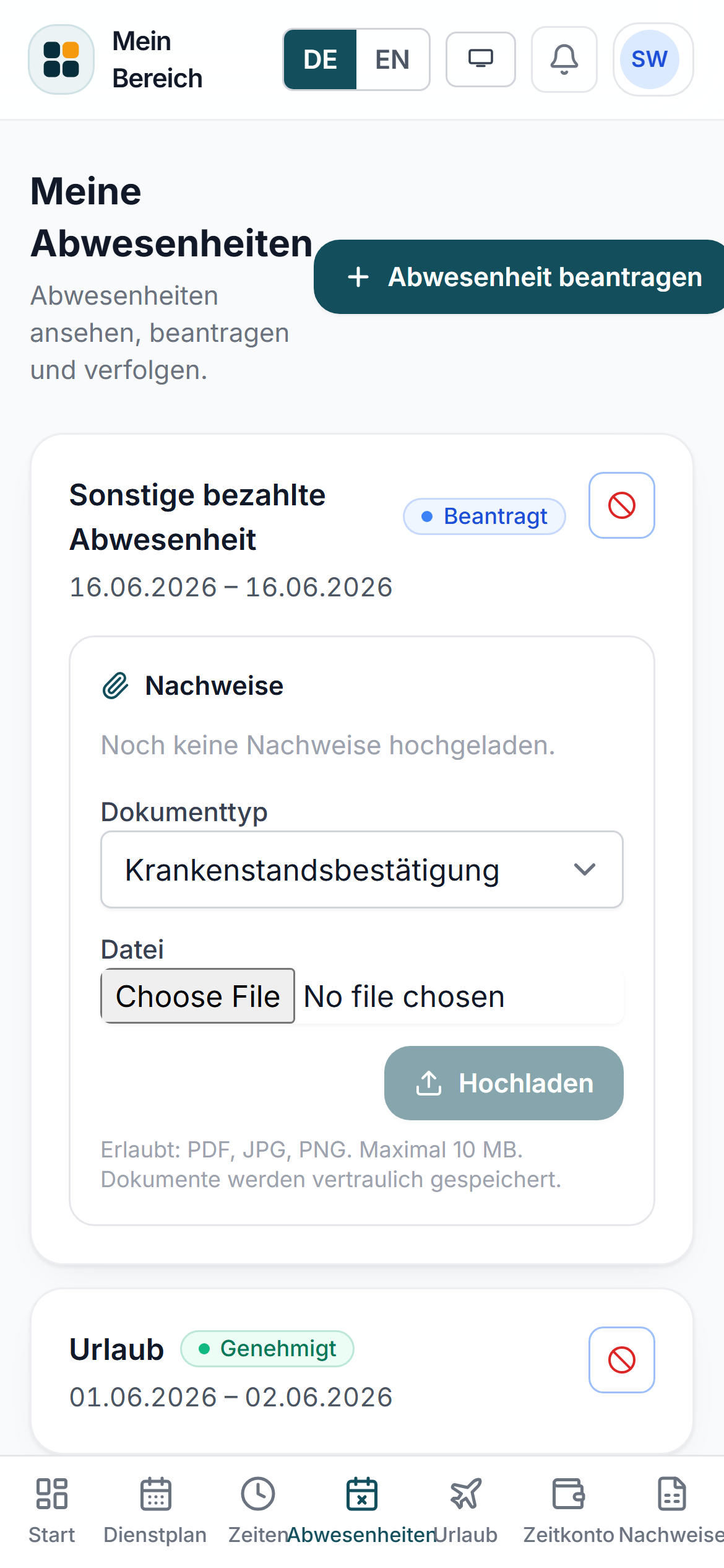 Mitarbeiterportal, Anträge
