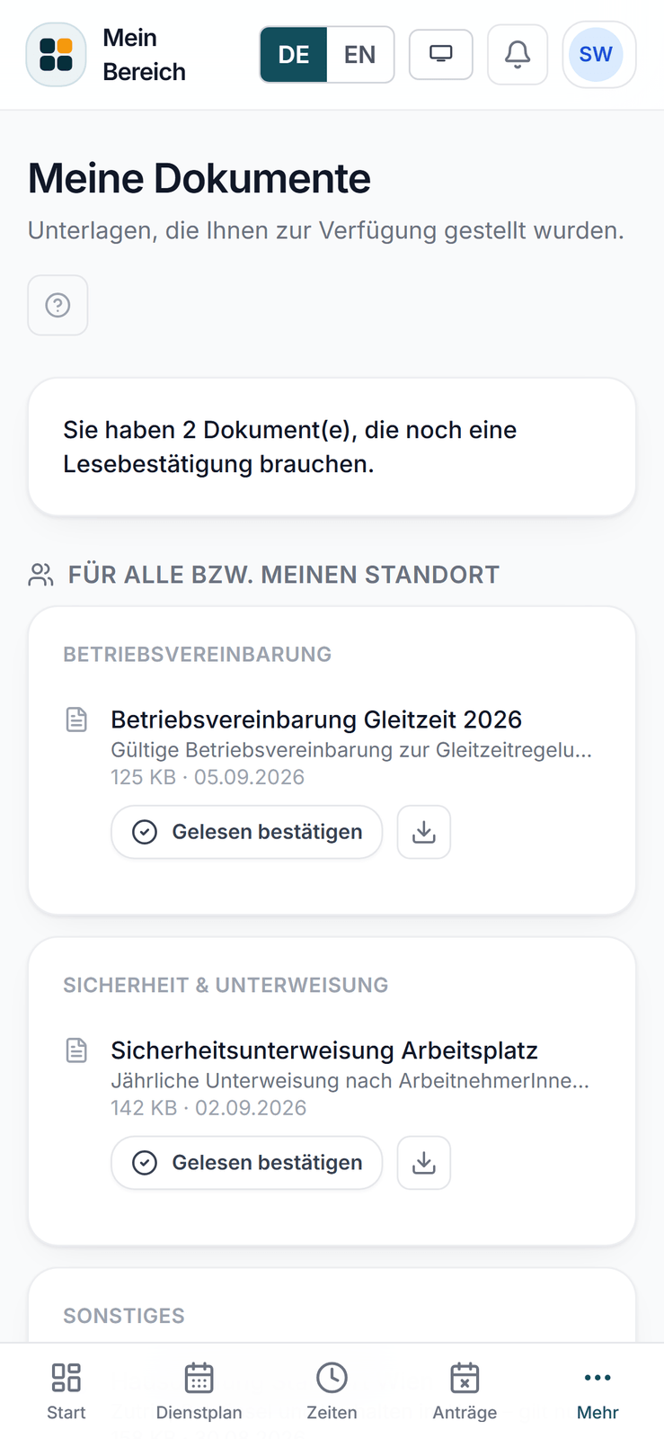 Dokumente im Mitarbeiterportal von Nexavio am Smartphone mit Lesebestätigung