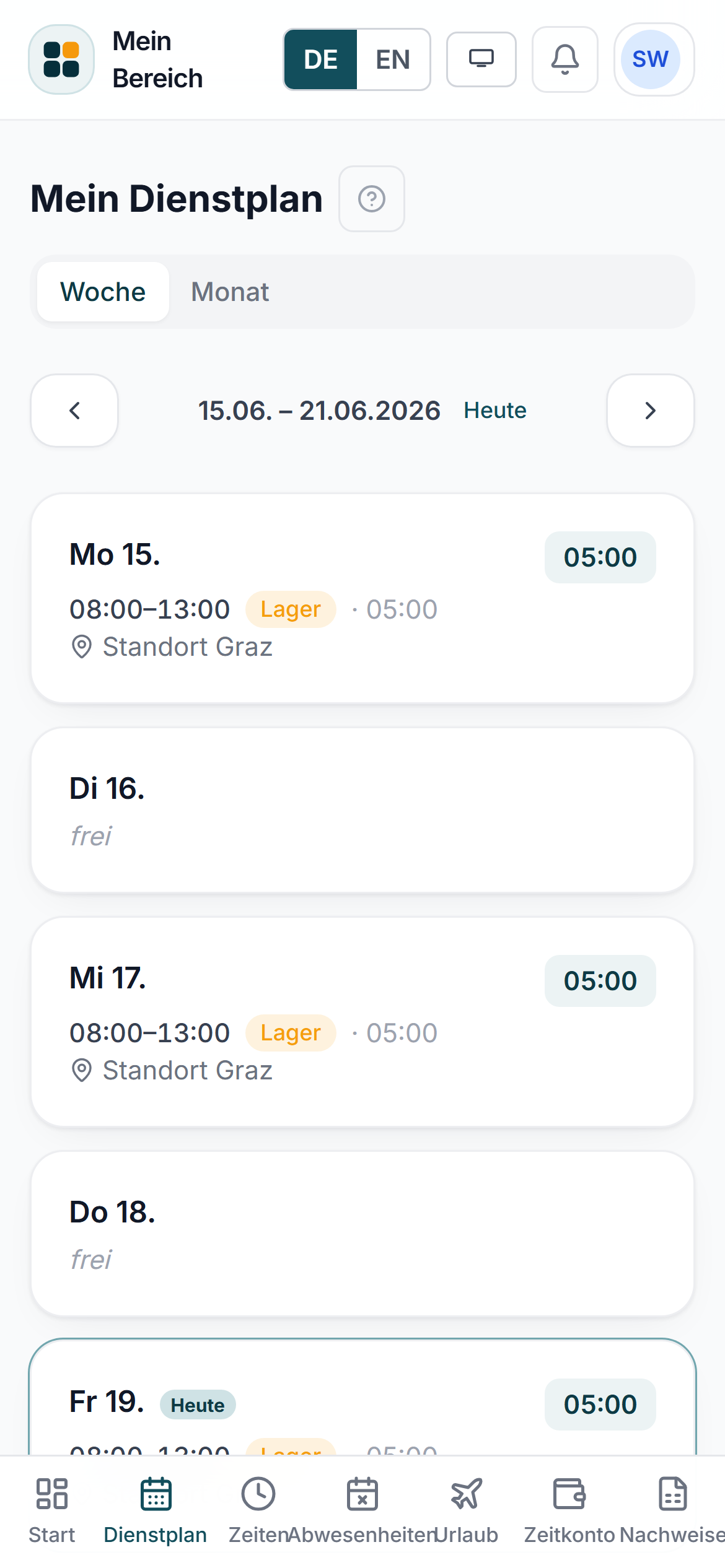 Mitarbeiterportal, Dienstplan