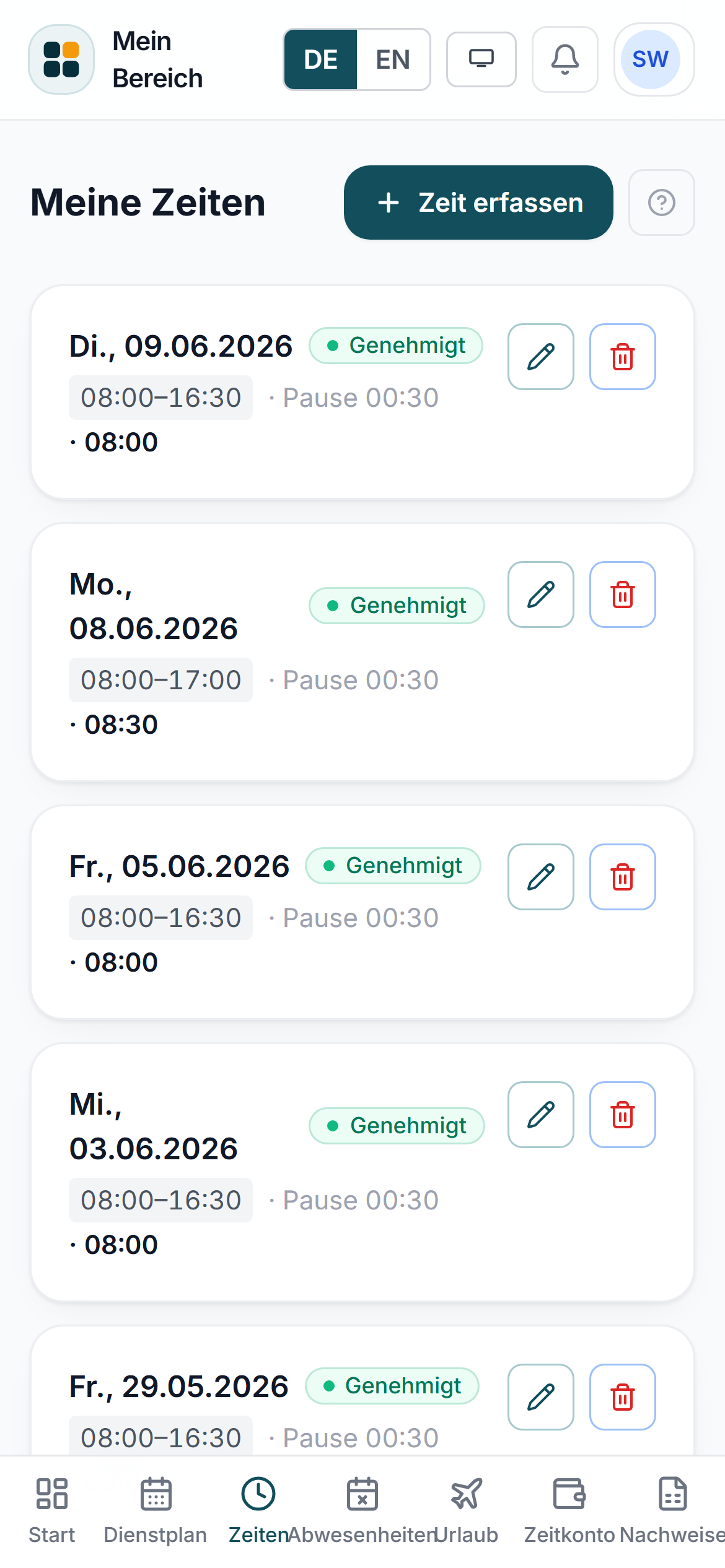 Mobile Zeiterfassung im Nexavio-Mitarbeiterportal